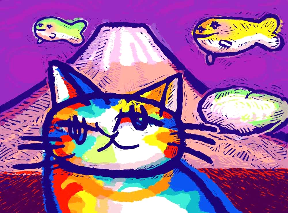 マイケル・ルーの絵画作品　タイトルは、ファジーと富士